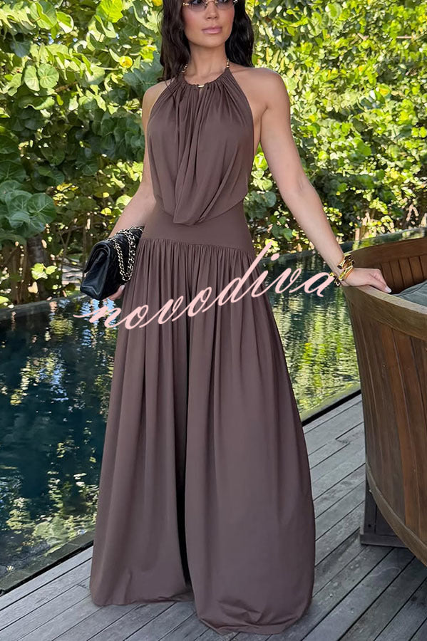 Lightweight Chic Metal Ring Drape Cowl Halter Neck Bodysuit and Elastic Waist Wide Leg Pants Set