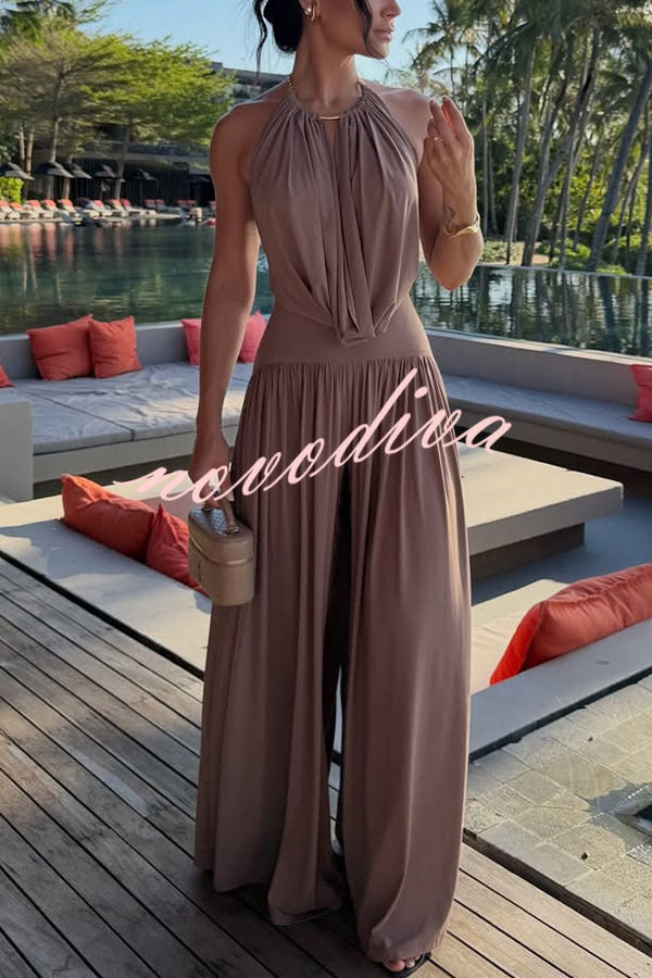Lightweight Chic Metal Ring Drape Cowl Halter Neck Bodysuit and Elastic Waist Wide Leg Pants Set