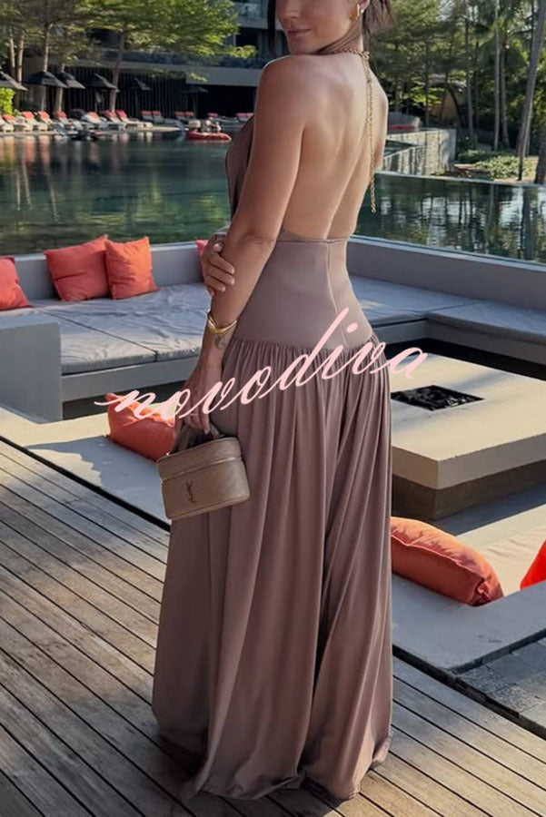 Lightweight Chic Metal Ring Drape Cowl Halter Neck Bodysuit and Elastic Waist Wide Leg Pants Set