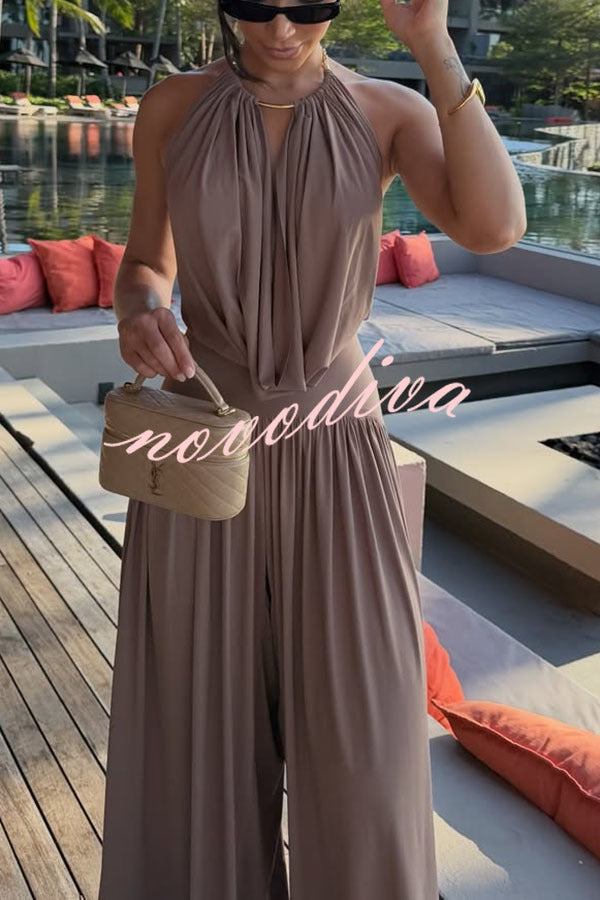 Lightweight Chic Metal Ring Drape Cowl Halter Neck Bodysuit and Elastic Waist Wide Leg Pants Set