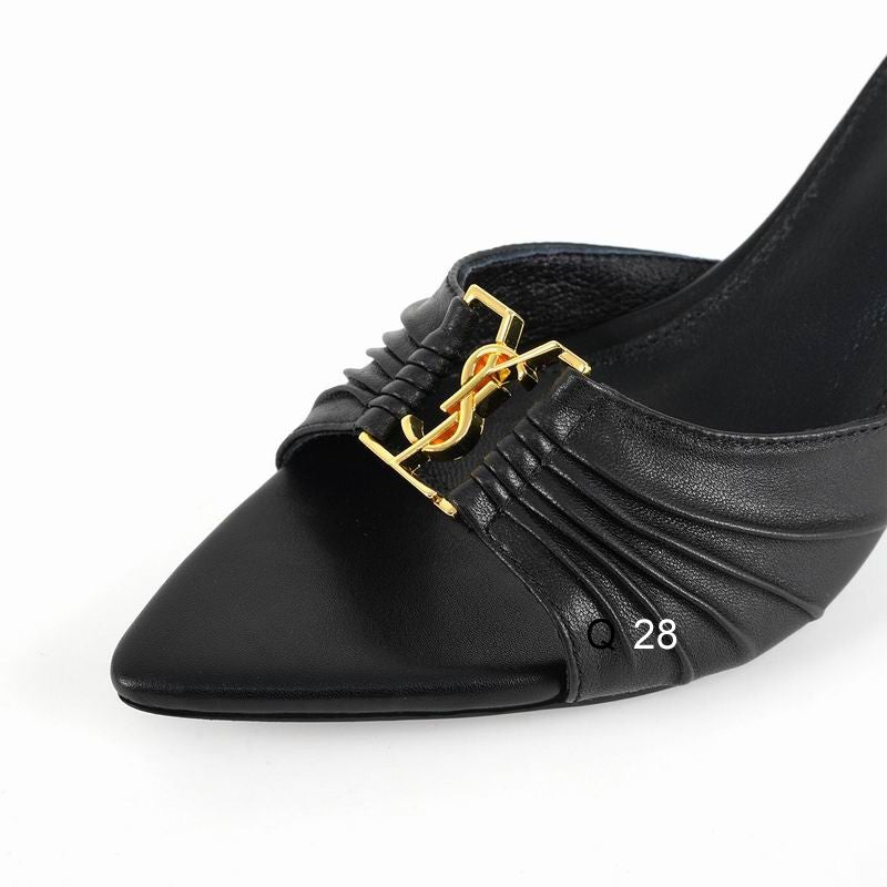 Pointed-Toe Flat Mules with Gold Accent