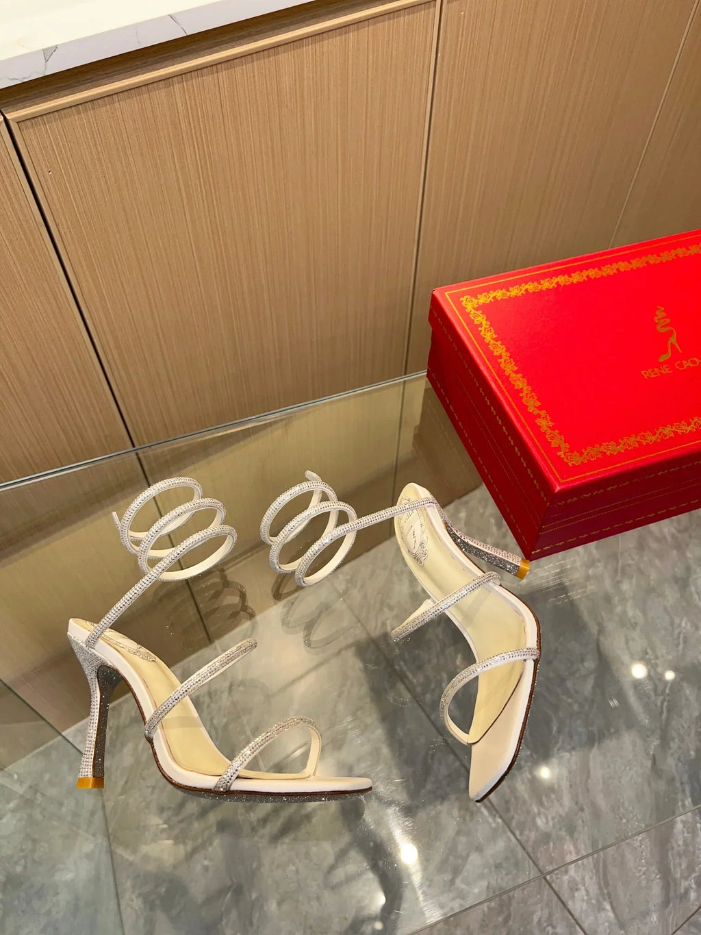 White Cleo Crystal Strap Sandals