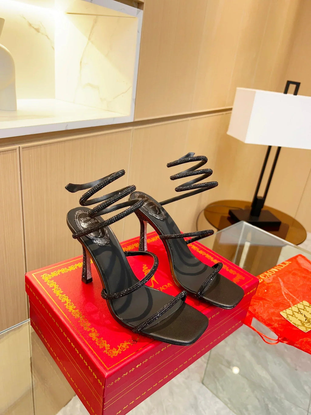 Black Cleo Crystal Strap Sandals