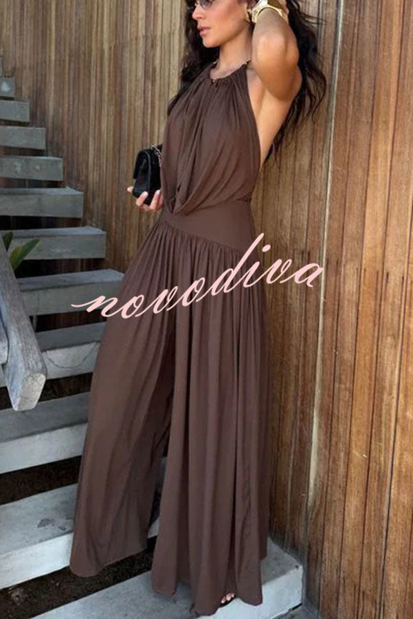 Lightweight Chic Metal Ring Drape Cowl Halter Neck Bodysuit and Elastic Waist Wide Leg Pants Set