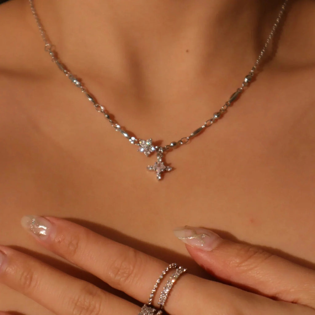 Silver Diamond Cross & Flower Charm Necklace