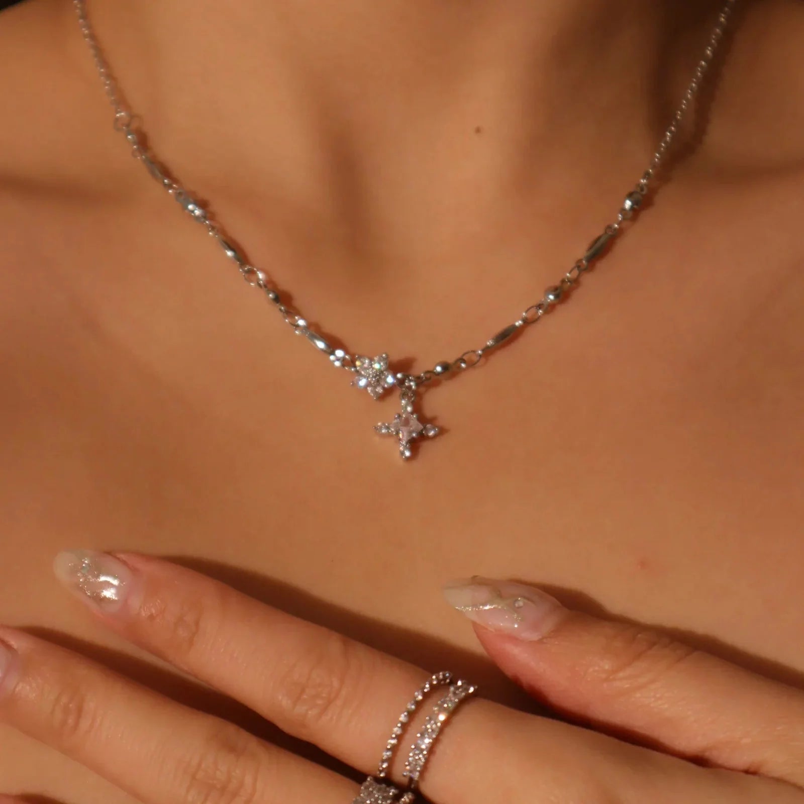 Silver Diamond Cross & Flower Charm Necklace