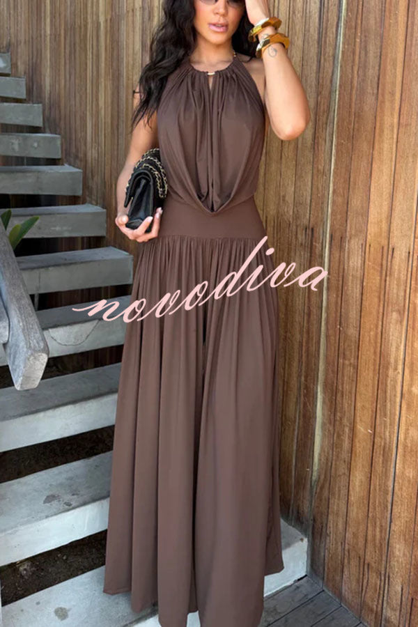 Lightweight Chic Metal Ring Drape Cowl Halter Neck Bodysuit and Elastic Waist Wide Leg Pants Set