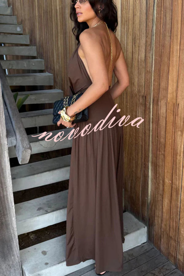 Lightweight Chic Metal Ring Drape Cowl Halter Neck Bodysuit and Elastic Waist Wide Leg Pants Set
