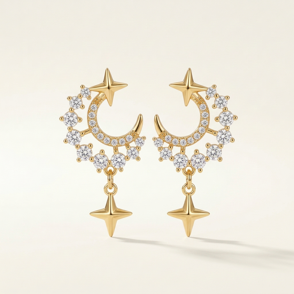 Gold Diamanté Moon & Star Earrings