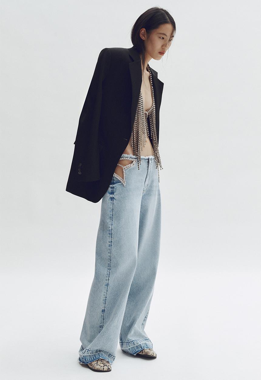 Crystal Star Cut-Out Straight-Leg Jeans - Light Denim