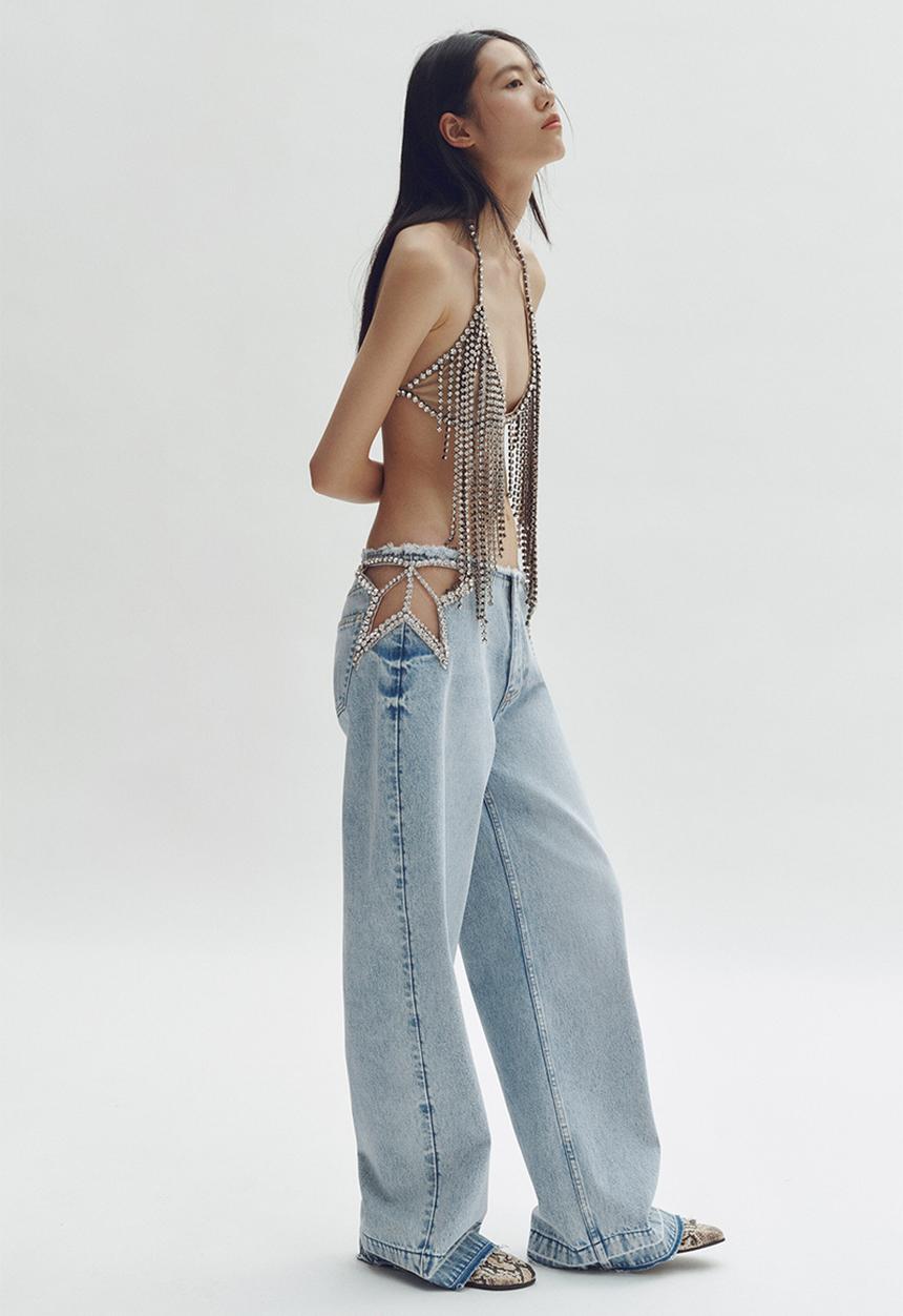 Crystal Star Cut-Out Straight-Leg Jeans - Light Denim