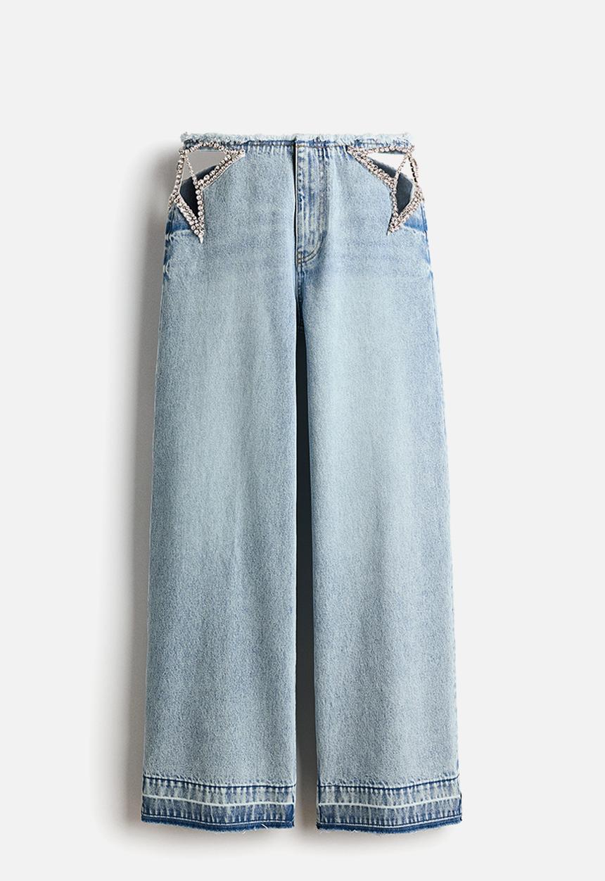 Crystal Star Cut-Out Straight-Leg Jeans - Light Denim